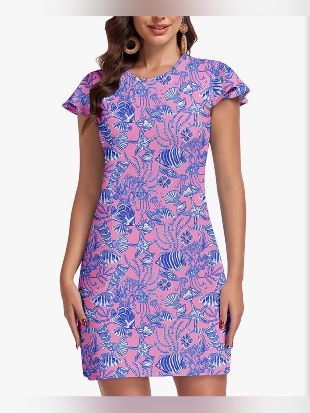 Women's Pink & Blue Printed Shift Dress- SPF 50! EUC!